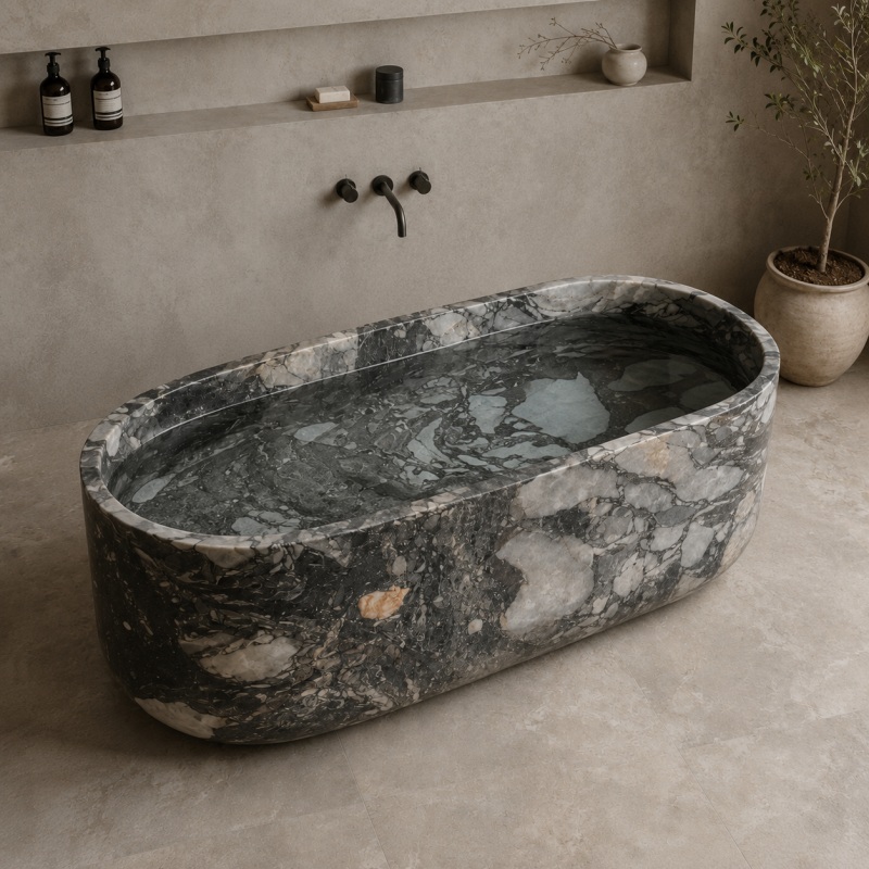 Luxury natural stone soaking tub made from Southeast Asian Calacatta Viola marble