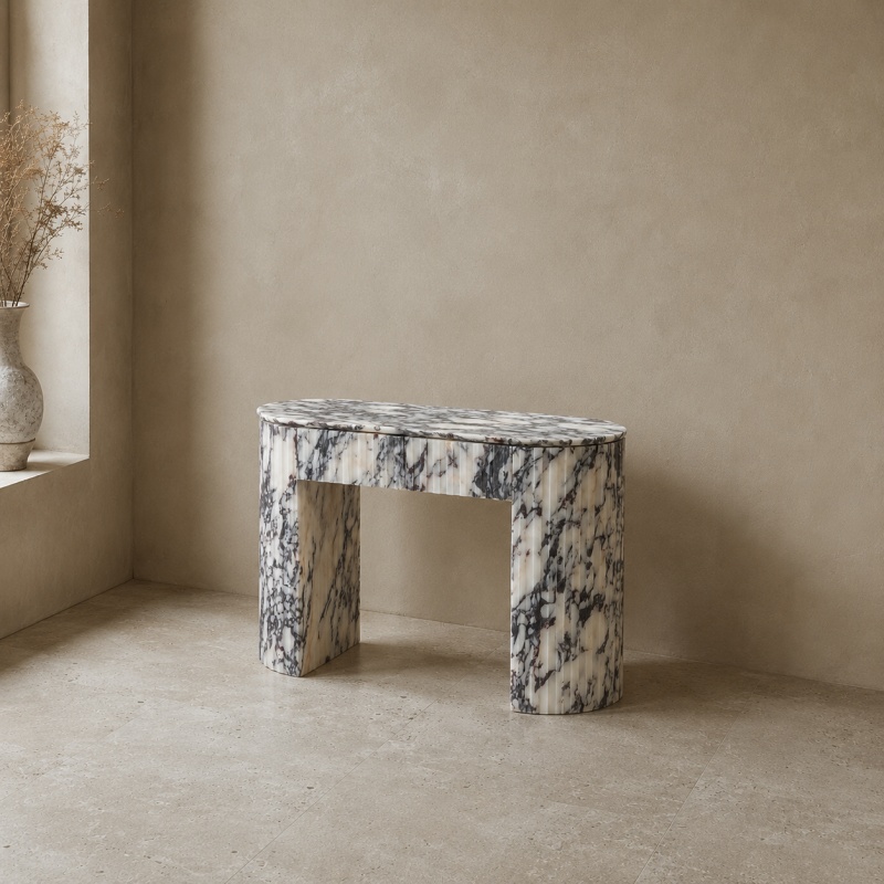 Sculptural ribbed Calacatta Viola marble sideboard with continuous natural marble veining
