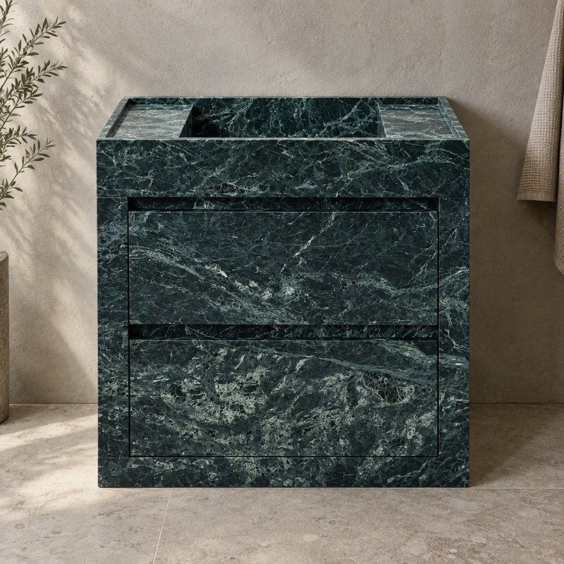 green marble bathroom vanity with integrated rectangular basin and double drawers